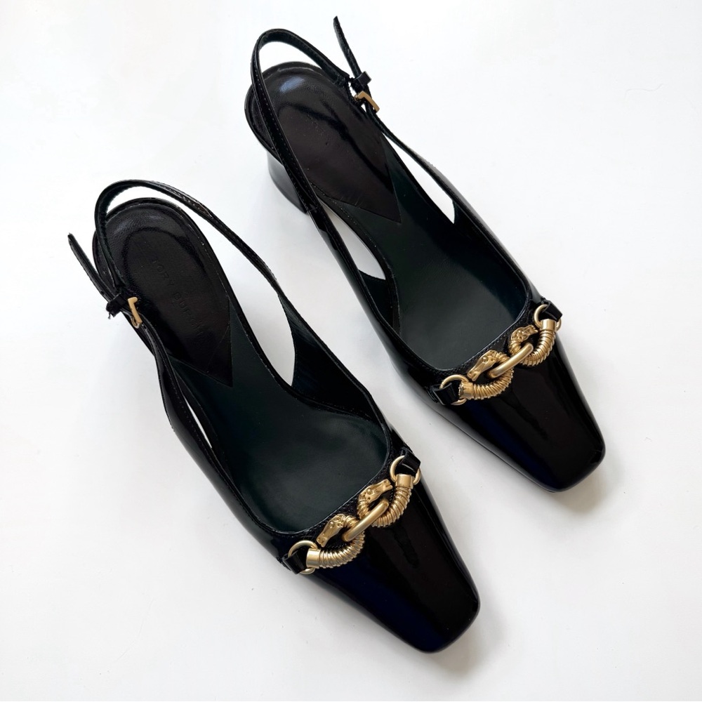 Tory Burch Jessa 55mm Slingback Heels Patent Leather Block Heel Gold Rams Chain - Picture 2 of 11
